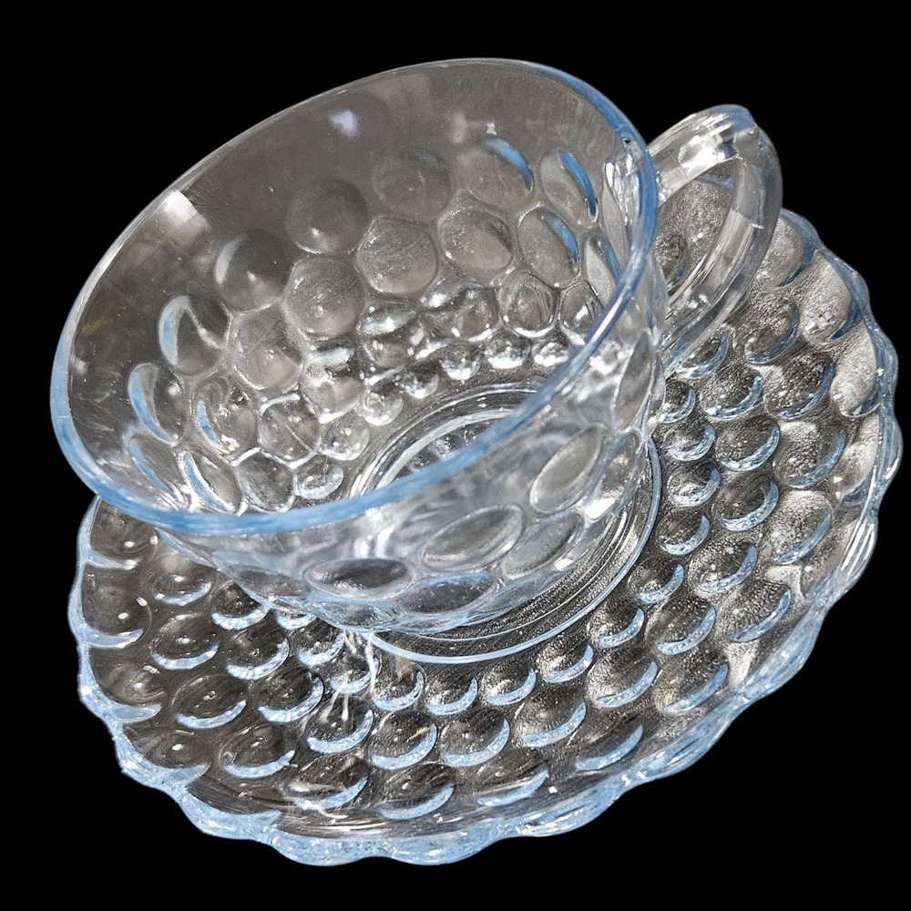 Vintage Clear Hobnail Glass Teacup Saucer Set Blue Tint Set of 2
